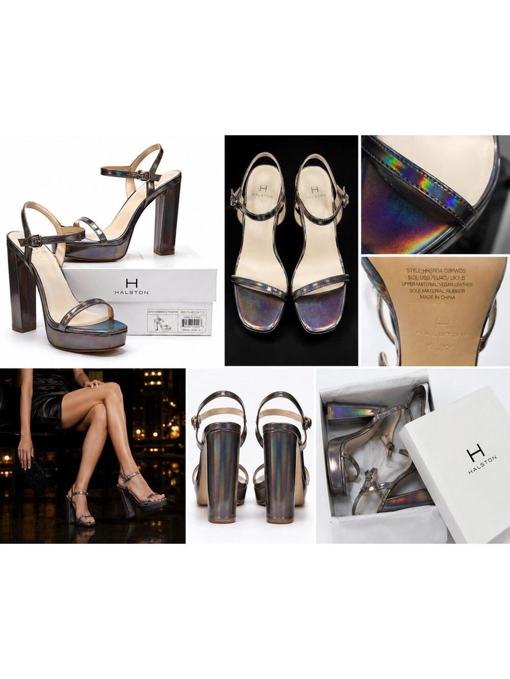 Halston Iridescent Platform Heels Pewter Metallic Strappy Sandals Size 9 NIB